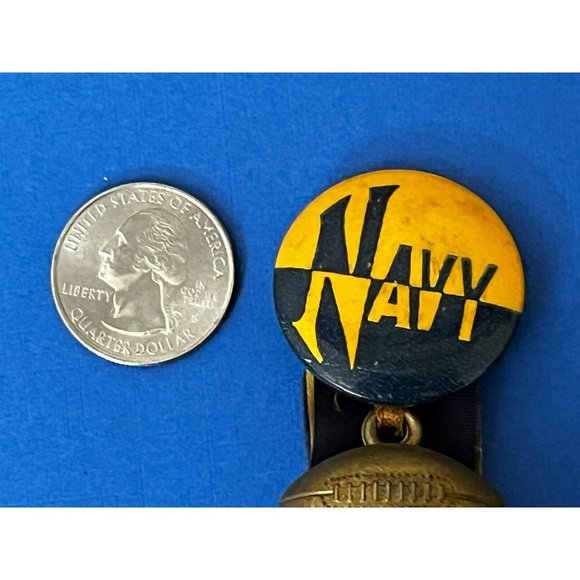 VINTAGE NAVY FOOTBALL TEAM RIBBON ON PIN BACK BUTTON 1950’s Yellow Blue - Picture 5 of 7